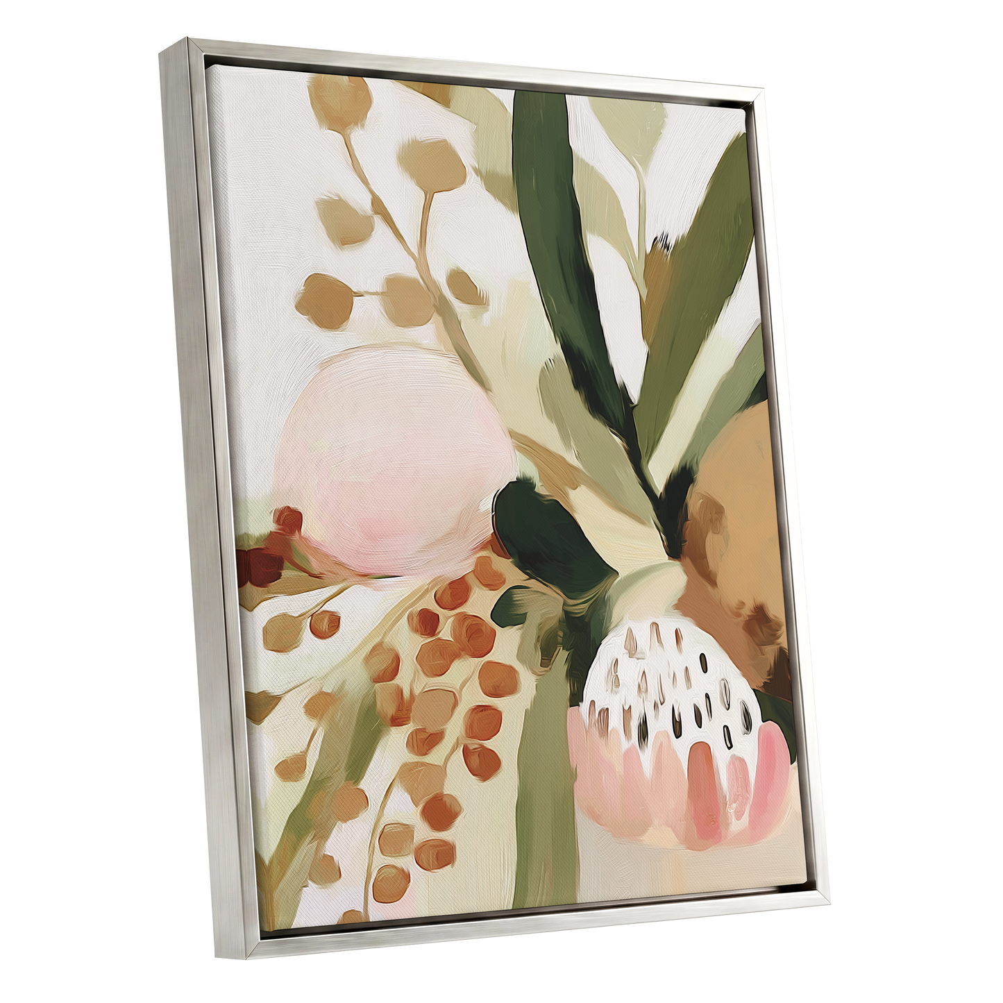 Blush Among Seedpods, green, beige, pink floral wall art shown as a silver framed canvas wall art
