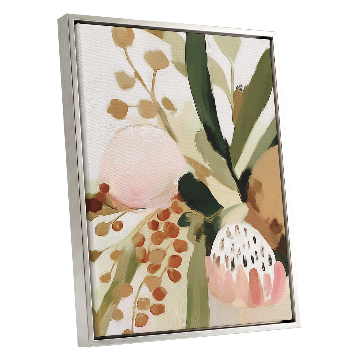 Blush Among Seedpods, green, beige, pink floral wall art shown as a silver framed canvas wall art