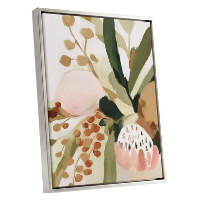 Blush Among Seedpods, green, beige, pink floral wall art shown as a silver framed canvas wall art
