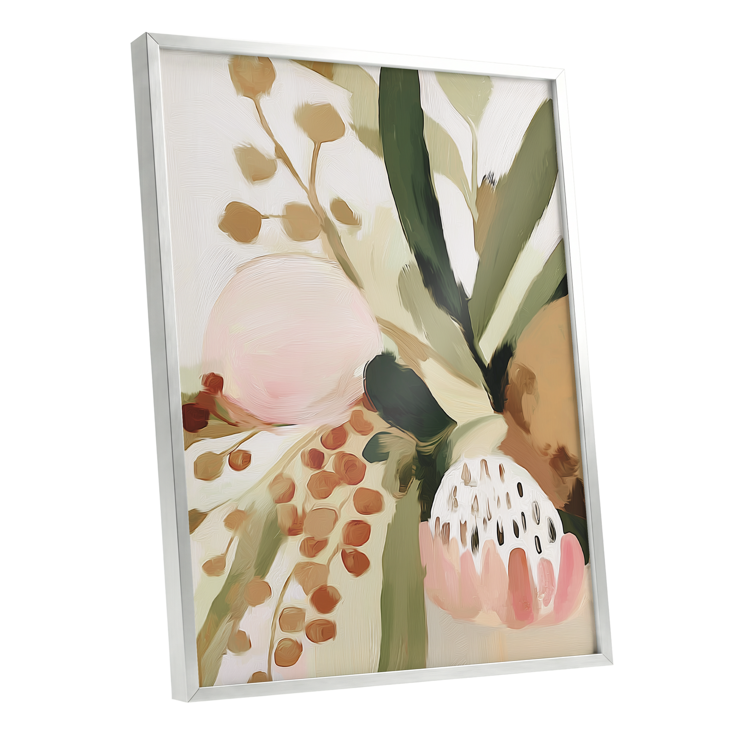 Blush Among Seedpods, green, beige, pink floral wall art shown as a silver framed poster wall art print