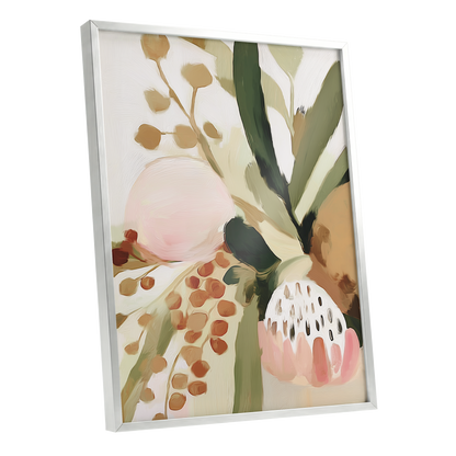 Blush Among Seedpods, green, beige, pink floral wall art shown as a silver framed poster wall art print