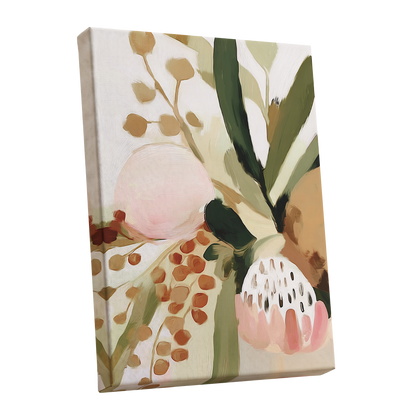 Blush Among Seedpods, green, beige, pink floral wall art shown as a stretched canvas wall art