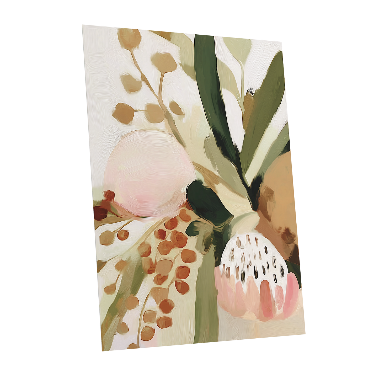 Blush Among Seedpods, green, beige, pink floral wall art shown as a unframed poster wall art print