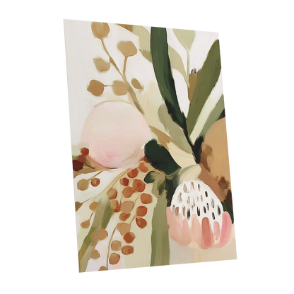 Blush Among Seedpods, green, beige, pink floral wall art shown as a unframed poster wall art print