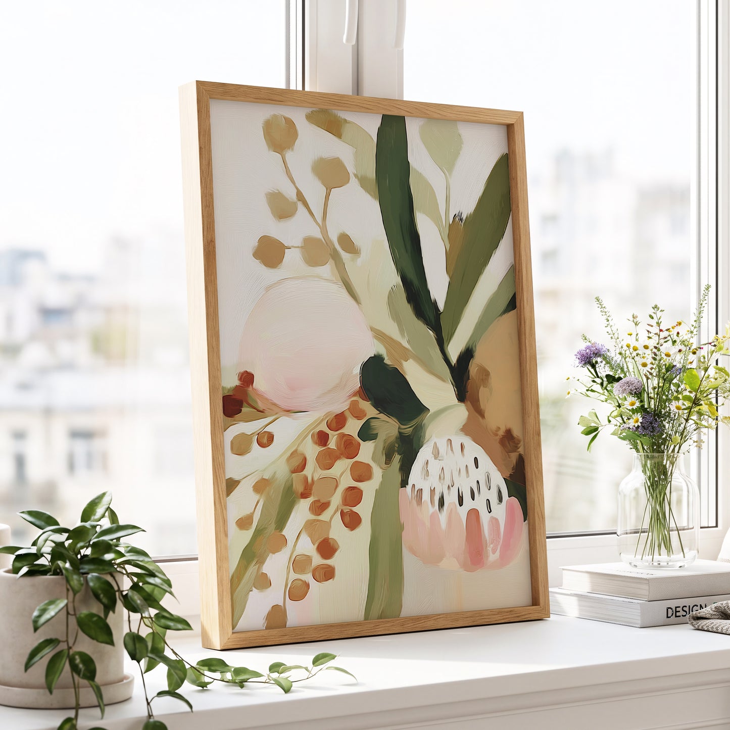 Blush Among Seedpods, green, beige, pink floral wall art displayed in a styled interior, gallery view 2