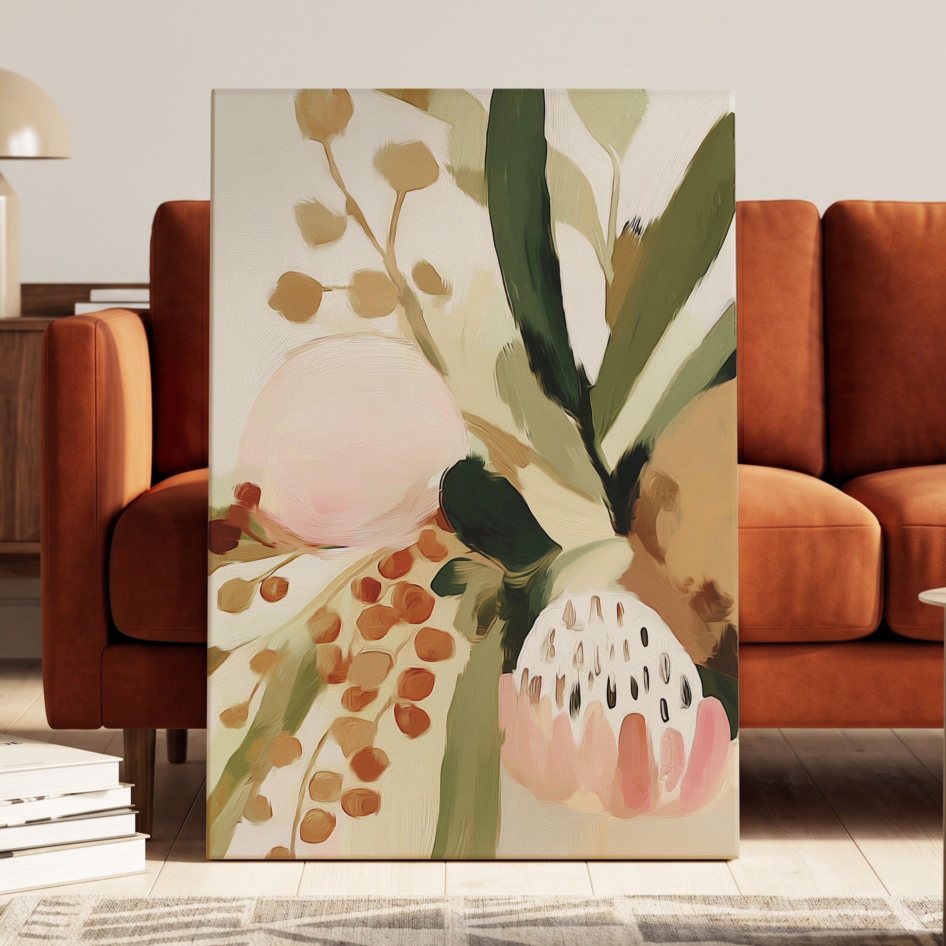 Blush Among Seedpods, green, beige, pink floral wall art displayed in a styled interior, gallery view 3