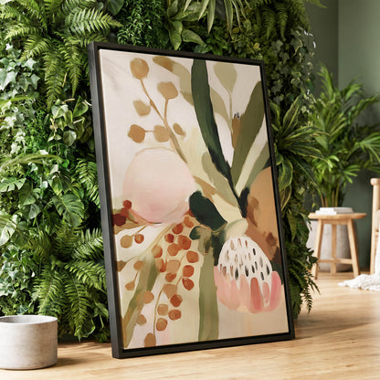 Blush Among Seedpods, green, beige, pink floral wall art displayed in a styled interior, gallery view 4