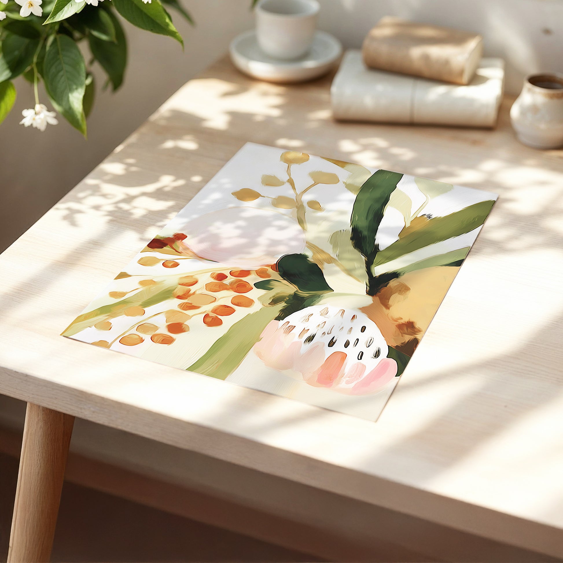 Blush Among Seedpods, green, beige, pink floral wall art displayed in a styled interior, gallery view 5
