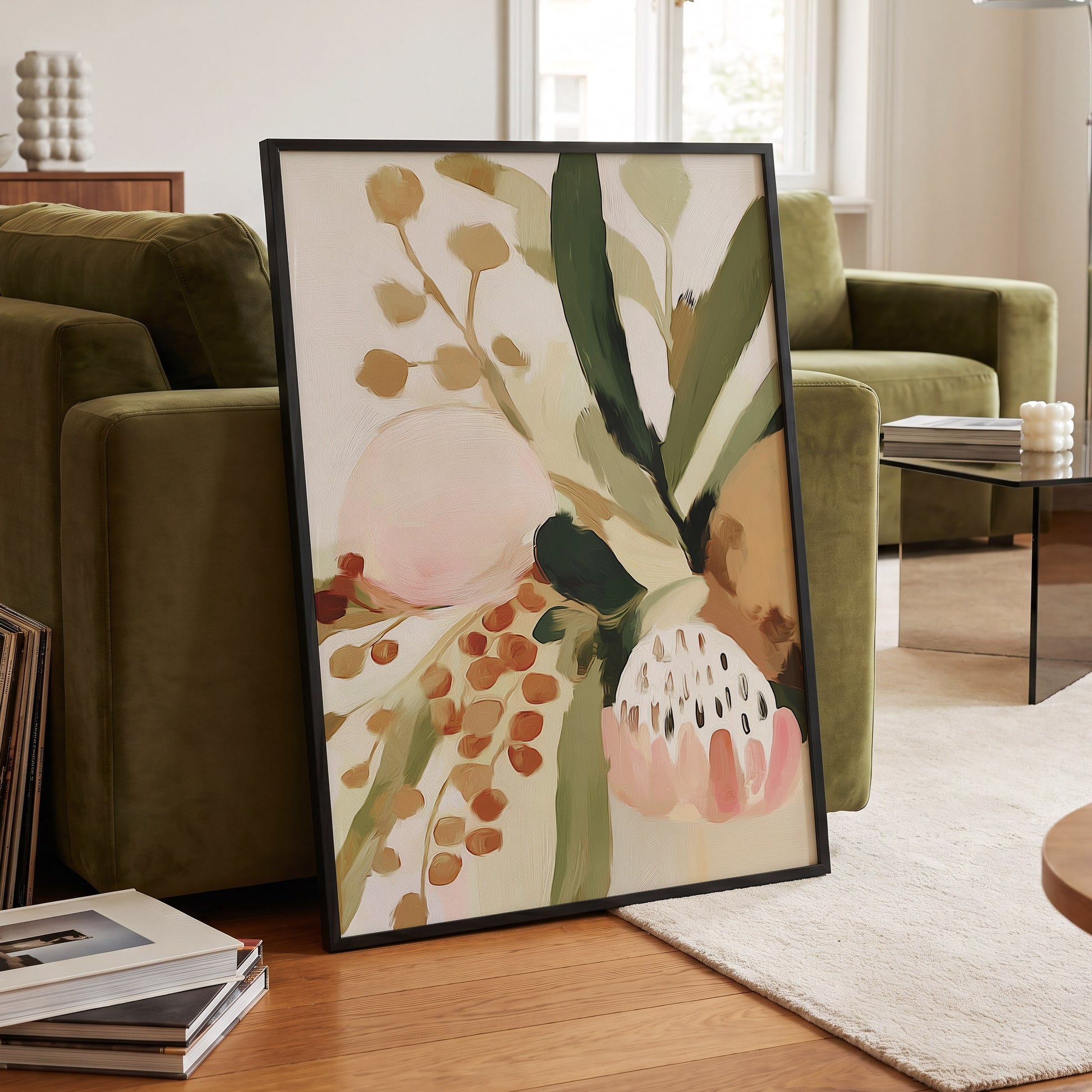 Blush Among Seedpods, green, beige, pink floral wall art displayed in a styled interior, gallery view 6