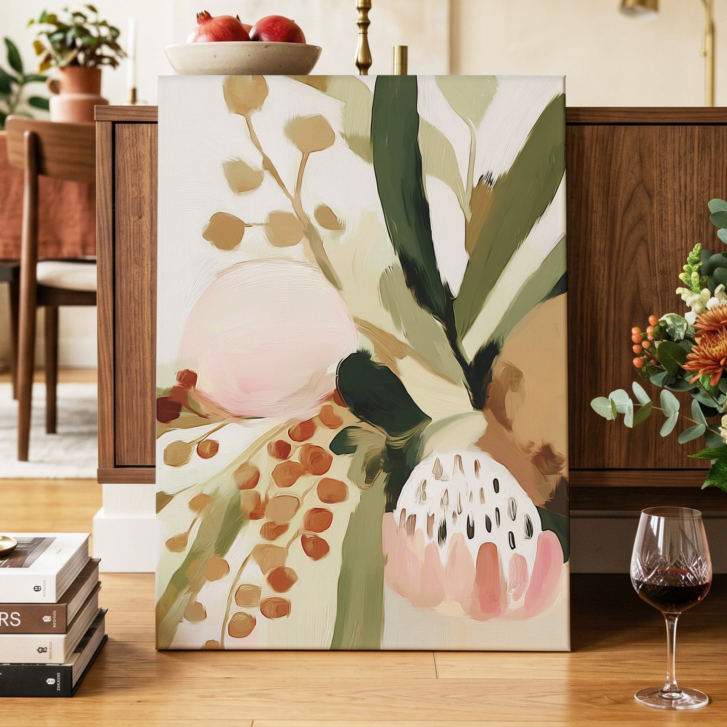 Blush Among Seedpods, green, beige, pink floral wall art displayed in a styled interior, gallery view 7