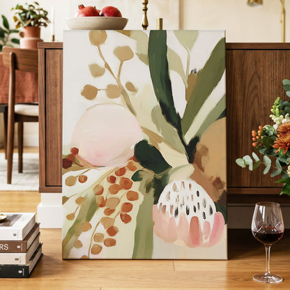Blush Among Seedpods, green, beige, pink floral wall art displayed in a styled interior, gallery view 7