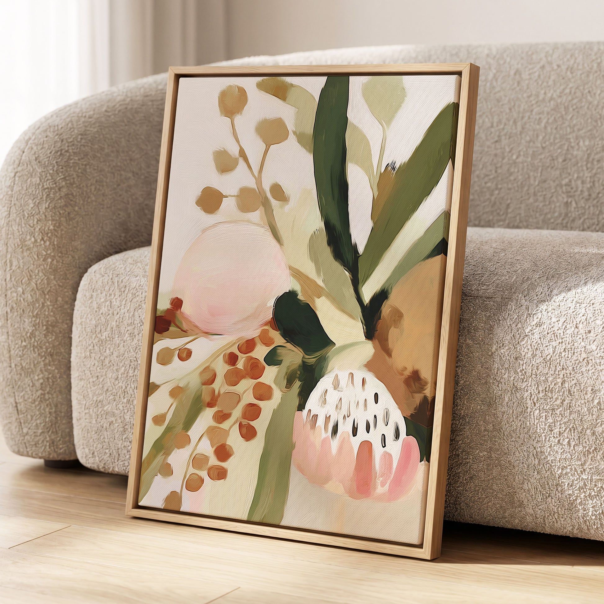 Blush Among Seedpods, green, beige, pink floral wall art displayed in a styled interior, gallery view 8