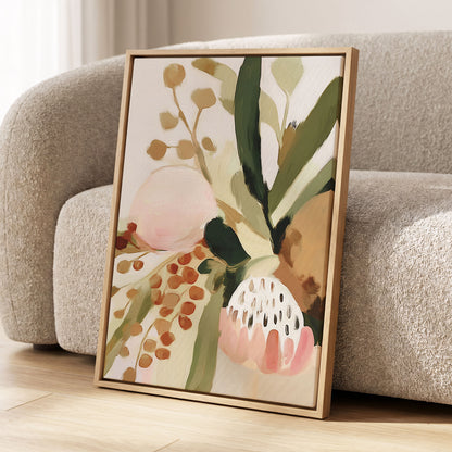 Blush Among Seedpods, green, beige, pink floral wall art displayed in a styled interior, gallery view 8