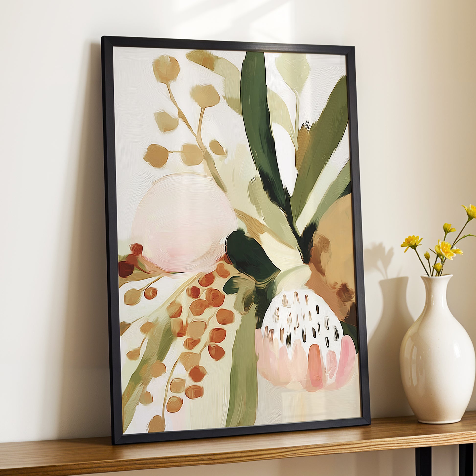Blush Among Seedpods, green, beige, pink floral wall art displayed in a styled interior, gallery view 9
