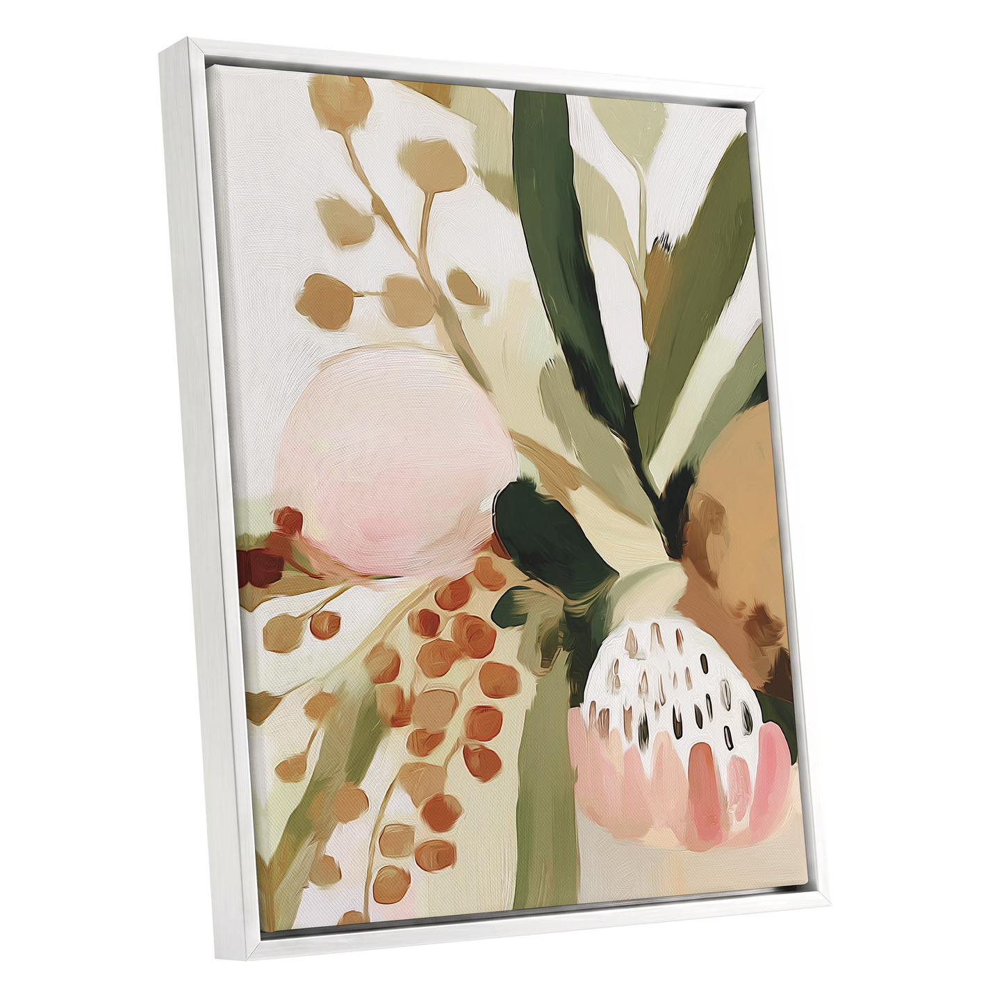 Blush Among Seedpods, green, beige, pink floral wall art shown as a white framed canvas wall art
