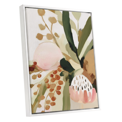 Blush Among Seedpods, green, beige, pink floral wall art shown as a white framed canvas wall art