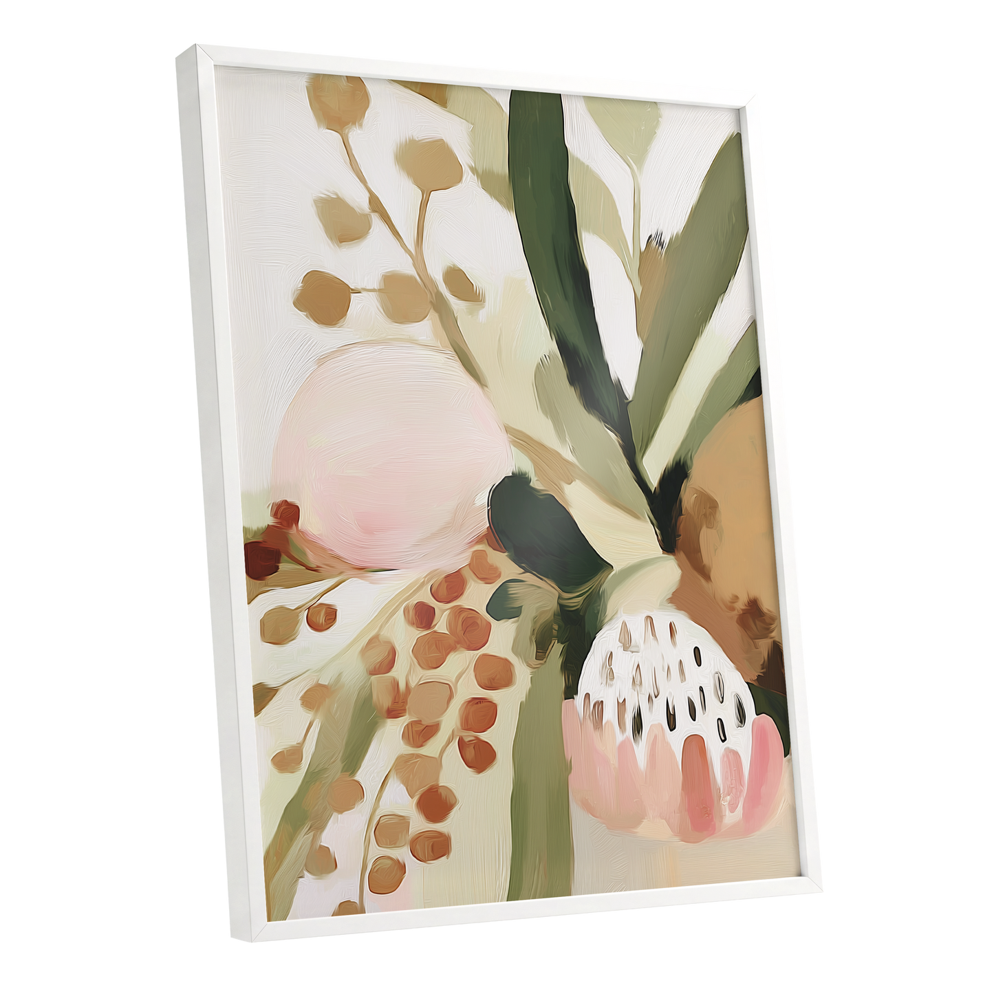 Blush Among Seedpods, green, beige, pink floral wall art shown as a white framed poster wall art print