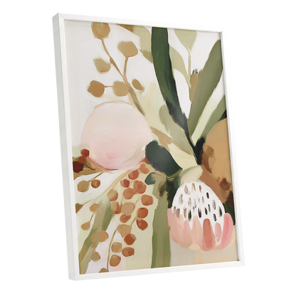 Blush Among Seedpods, green, beige, pink floral wall art shown as a white framed poster wall art print