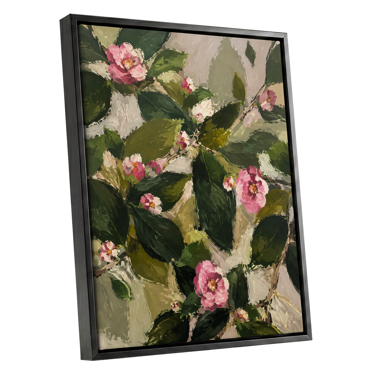 Blush Among the Leaves, green, pink, beige floral wall art shown as a black framed canvas wall art