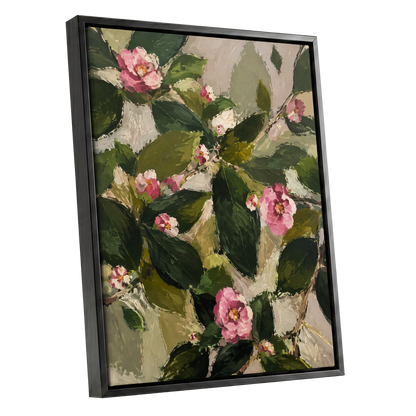 Blush Among the Leaves, green, pink, beige floral wall art shown as a black framed canvas wall art