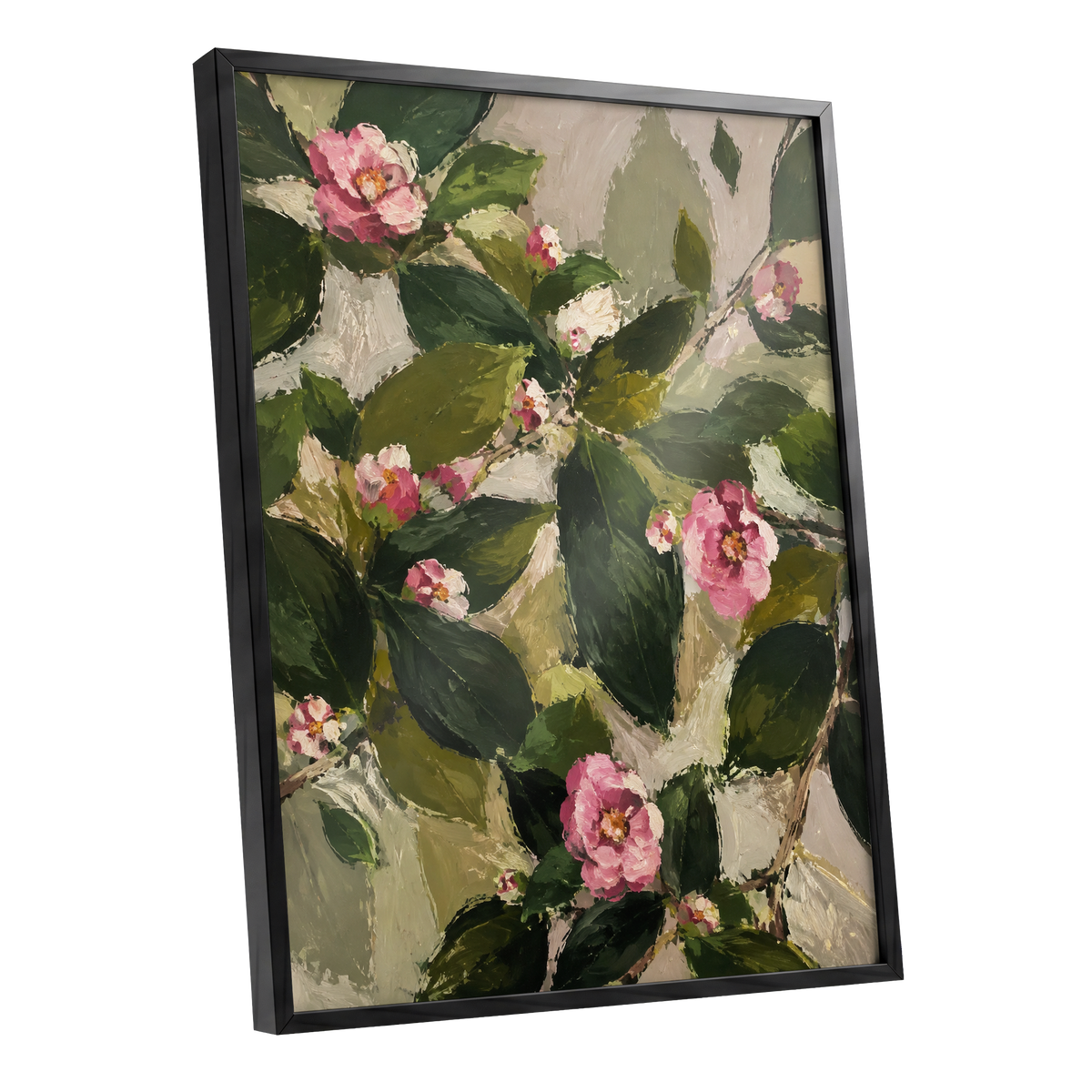 Blush Among the Leaves, green, pink, beige floral wall art shown as a black framed poster wall art print