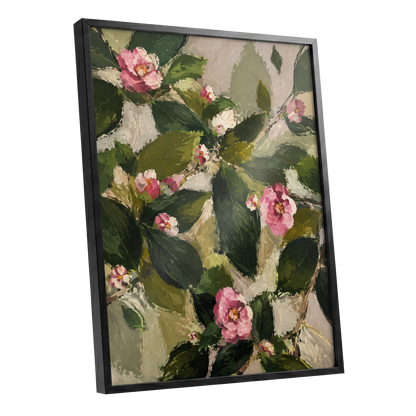 Blush Among the Leaves, green, pink, beige floral wall art shown as a black framed poster wall art print