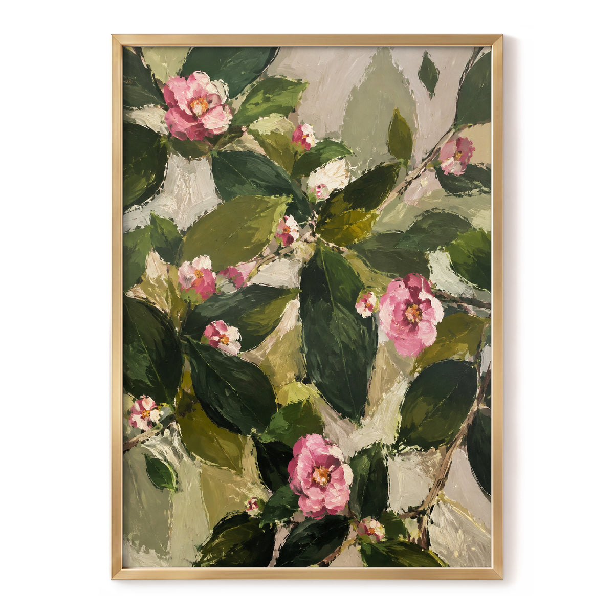 Blush Among the Leaves, green, pink, beige floral wall art, front artwork view