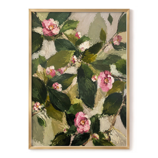Blush Among the Leaves, green, pink, beige floral wall art, front artwork view