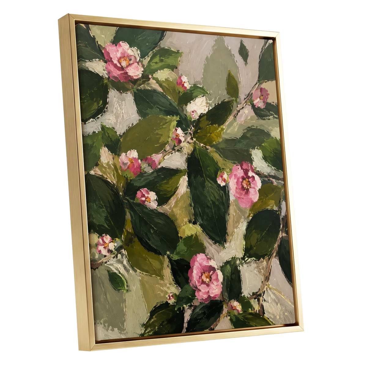 Blush Among the Leaves, green, pink, beige floral wall art shown as a gold framed canvas wall art