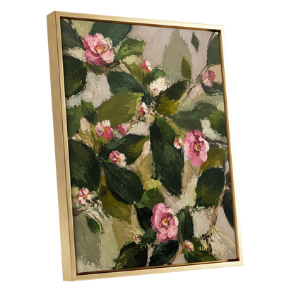 Blush Among the Leaves, green, pink, beige floral wall art shown as a gold framed canvas wall art