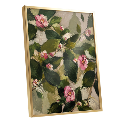 Blush Among the Leaves, green, pink, beige floral wall art shown as a gold framed poster wall art print