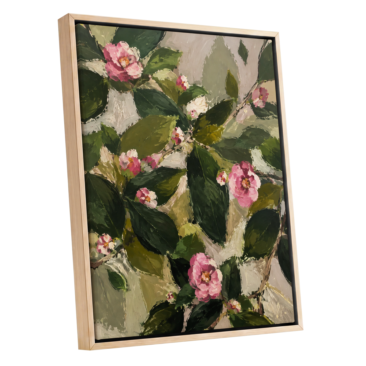 Blush Among the Leaves, green, pink, beige floral wall art shown as a oak framed canvas wall art
