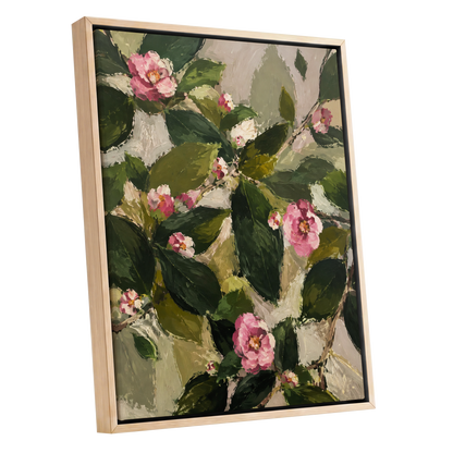 Blush Among the Leaves, green, pink, beige floral wall art shown as a oak framed canvas wall art
