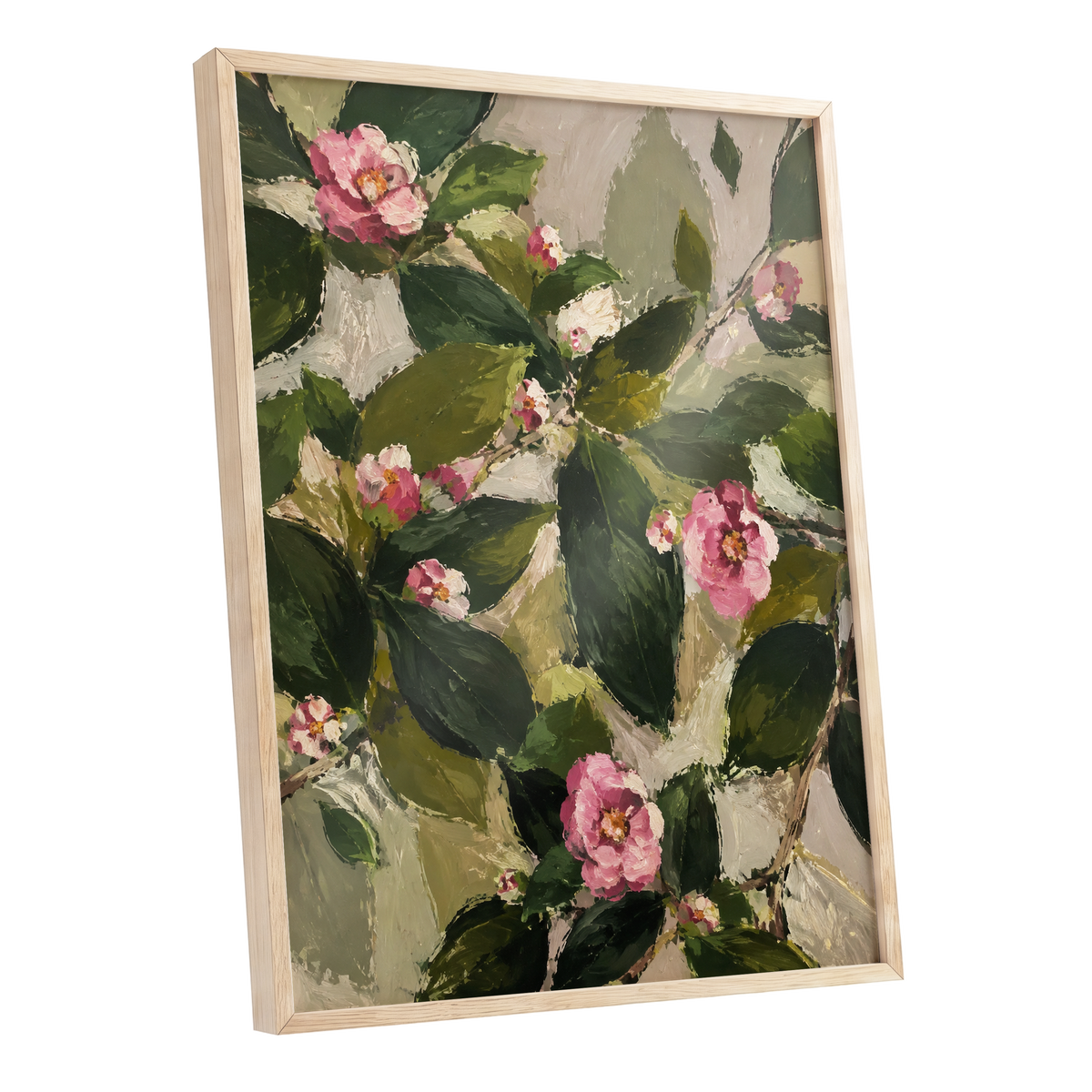 Blush Among the Leaves, green, pink, beige floral wall art shown as a oak framed poster wall art print