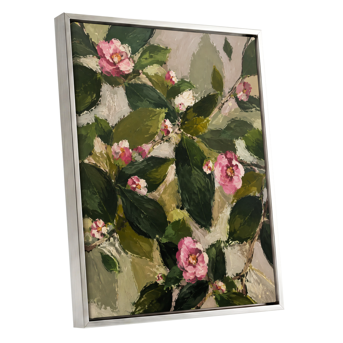 Blush Among the Leaves, green, pink, beige floral wall art shown as a silver framed canvas wall art