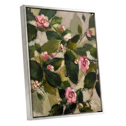 Blush Among the Leaves, green, pink, beige floral wall art shown as a silver framed canvas wall art