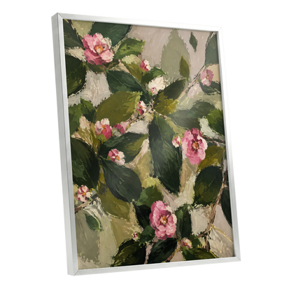 Blush Among the Leaves, green, pink, beige floral wall art shown as a silver framed poster wall art print