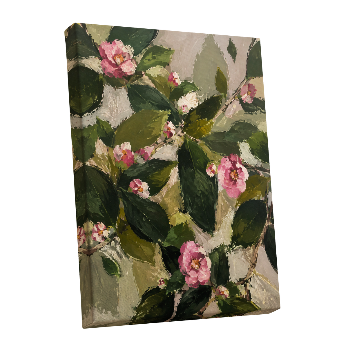 Blush Among the Leaves, green, pink, beige floral wall art shown as a stretched canvas wall art