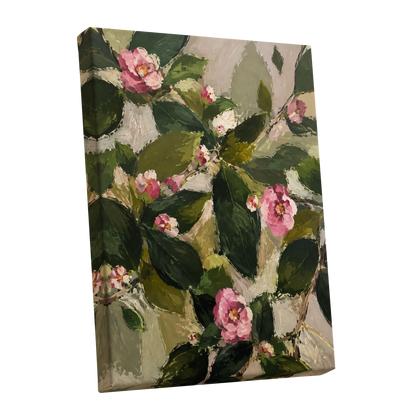 Blush Among the Leaves, green, pink, beige floral wall art shown as a stretched canvas wall art