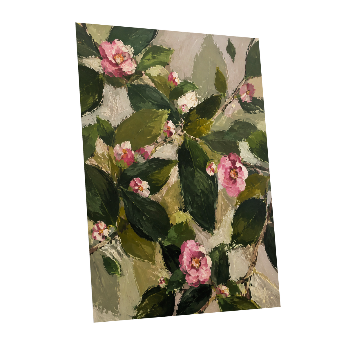 Blush Among the Leaves, green, pink, beige floral wall art shown as a unframed poster wall art print