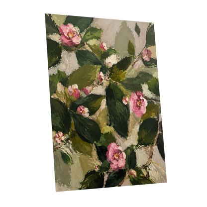 Blush Among the Leaves, green, pink, beige floral wall art shown as a unframed poster wall art print