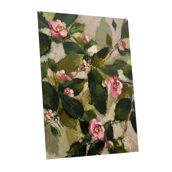 Blush Among the Leaves, green, pink, beige floral wall art shown as a unframed poster wall art print