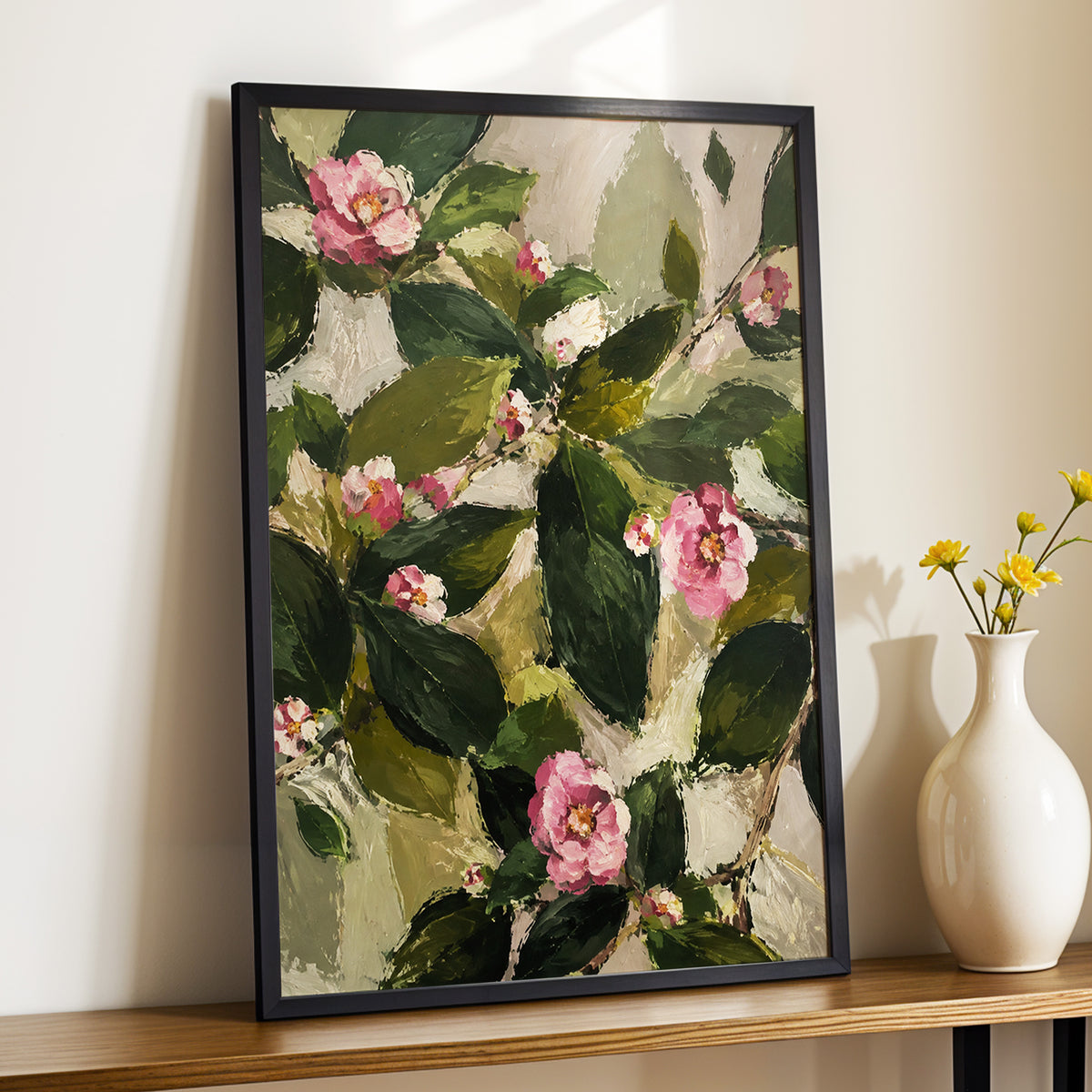 Blush Among the Leaves, green, pink, beige floral wall art displayed in a styled interior, gallery view 2