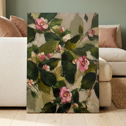 Blush Among the Leaves, green, pink, beige floral wall art displayed in a styled interior, gallery view 3