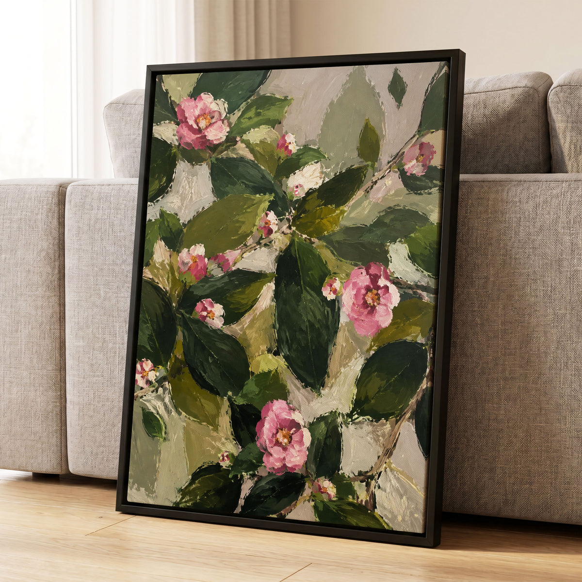 Blush Among the Leaves, green, pink, beige floral wall art displayed in a styled interior, gallery view 4