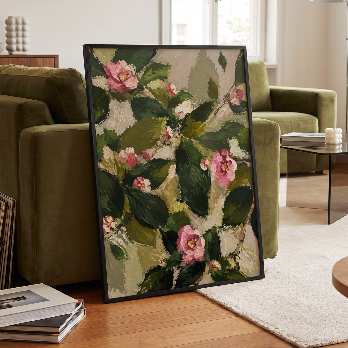 Blush Among the Leaves, green, pink, beige floral wall art displayed in a styled interior, gallery view 6