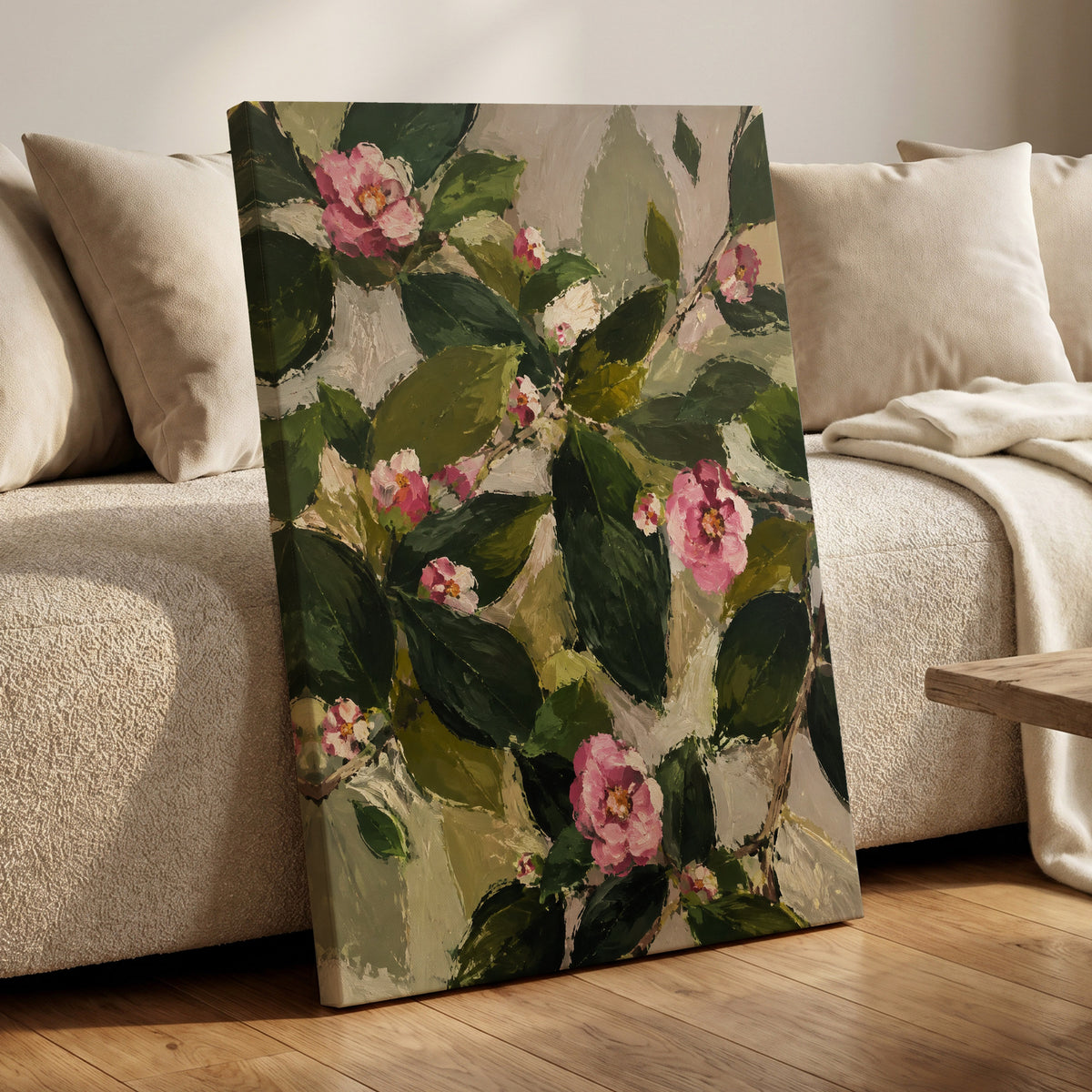 Blush Among the Leaves, green, pink, beige floral wall art displayed in a styled interior, gallery view 7
