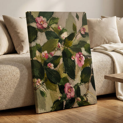 Blush Among the Leaves, green, pink, beige floral wall art displayed in a styled interior, gallery view 7