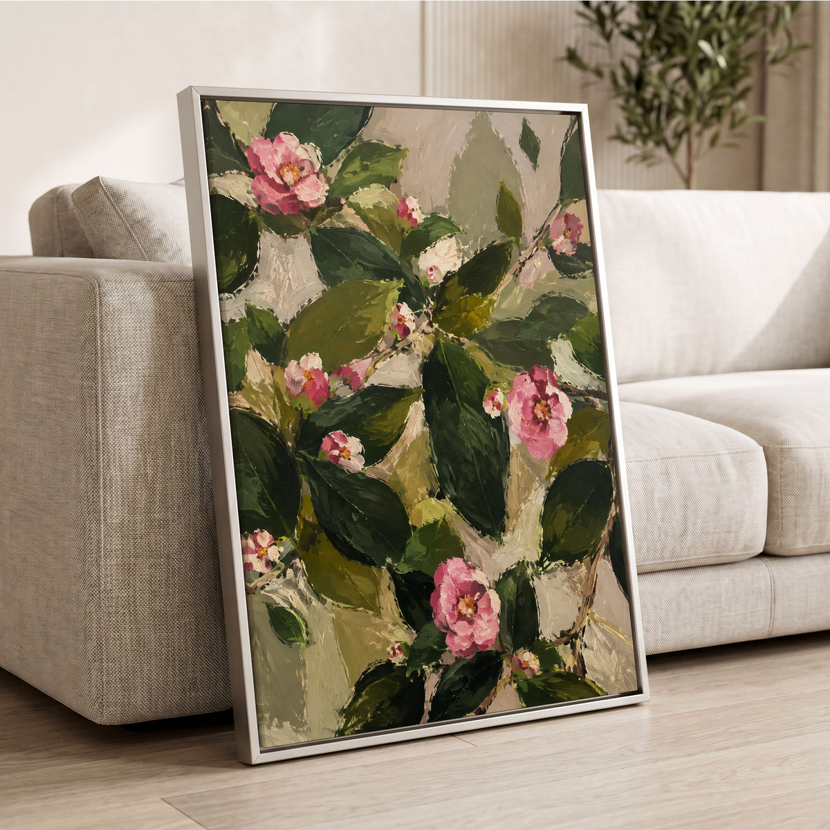 Blush Among the Leaves, green, pink, beige floral wall art displayed in a styled interior, gallery view 8