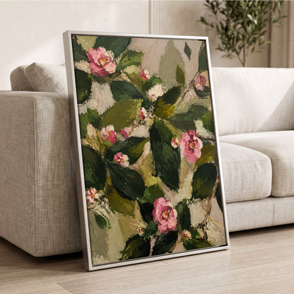 Blush Among the Leaves, green, pink, beige floral wall art displayed in a styled interior, gallery view 8